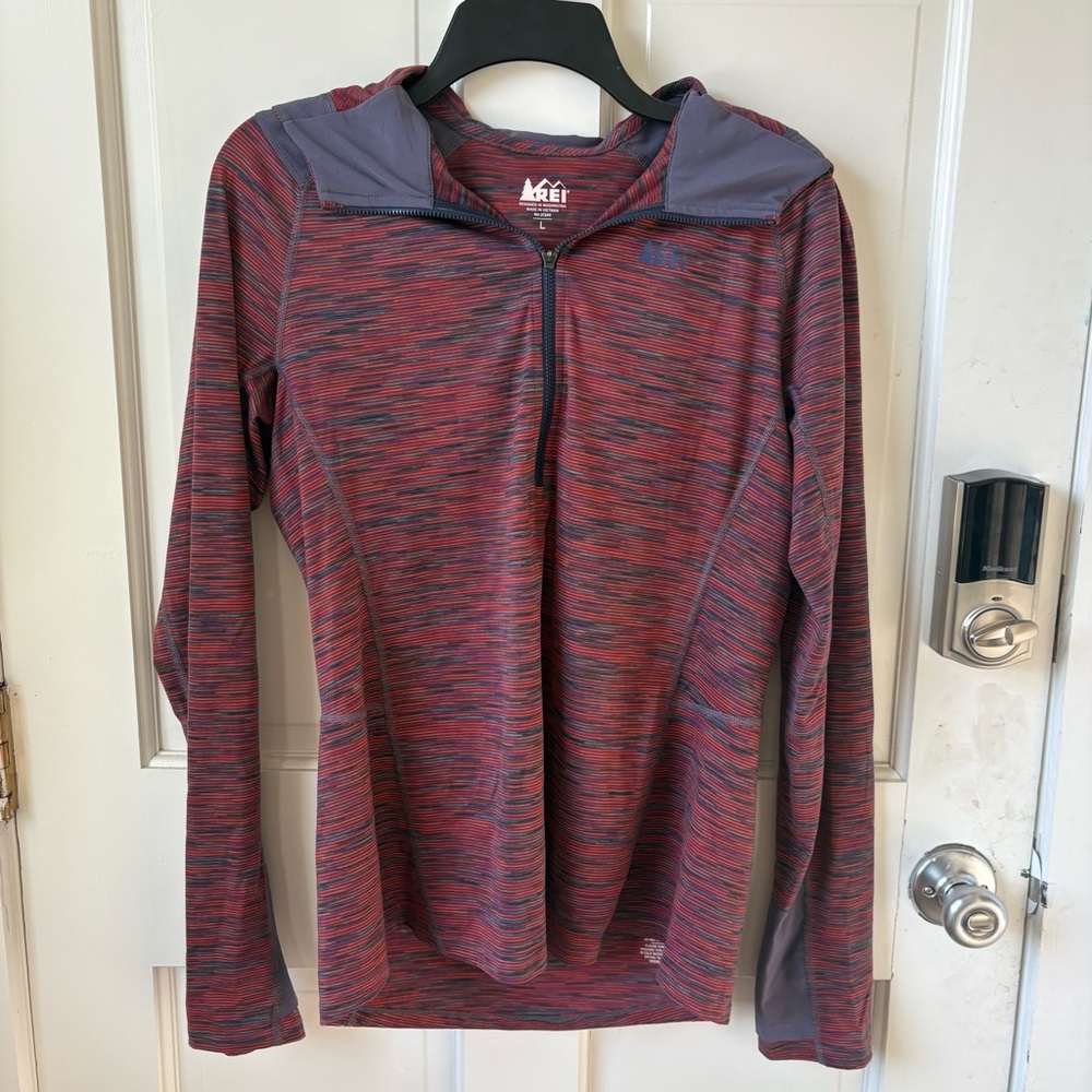 (3/$25) REI Red Multicolor Striped Quarter Zip Long Sleeve Workout Top Size L